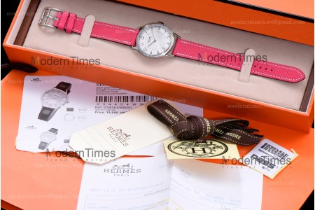 Hermes Slim D Series SS/LE BVF Wht/Pin Diams Quartz 