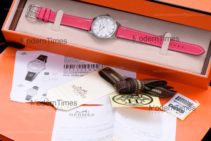 Hermes Slim D Series SS/LE BVF Wht/Pin Diams Quartz 
