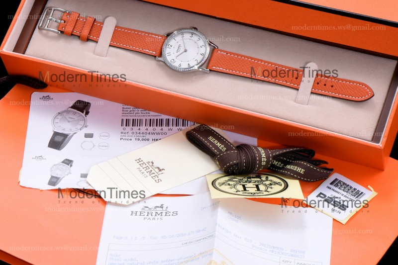 Hermes Slim D Series SS/LE BVF Wht/Bro Diams Quartz 