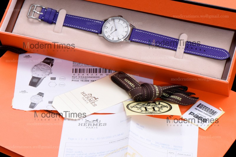 Hermes Slim D Series SS/LE BVF Wht/Per Diams Quartz 
