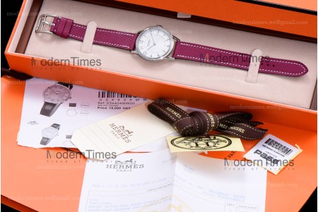 Hermes Slim D Series SS/LE BVF Wht/Red Diams Quartz 