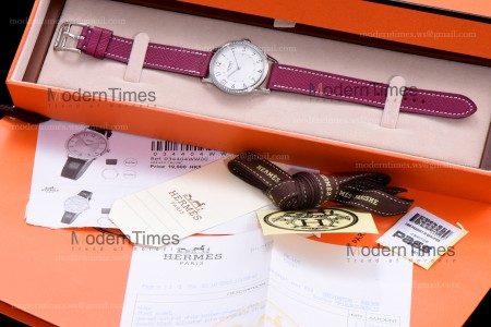 Hermes Slim D Series SS/LE BVF Wht/Red Diams Quartz 