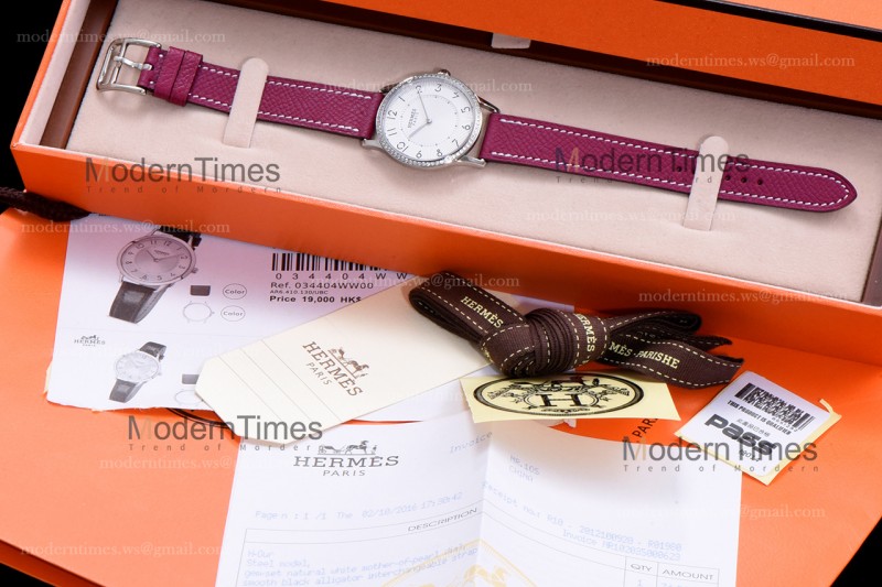 Hermes Slim D Series SS/LE BVF Wht/Red Diams Quartz 