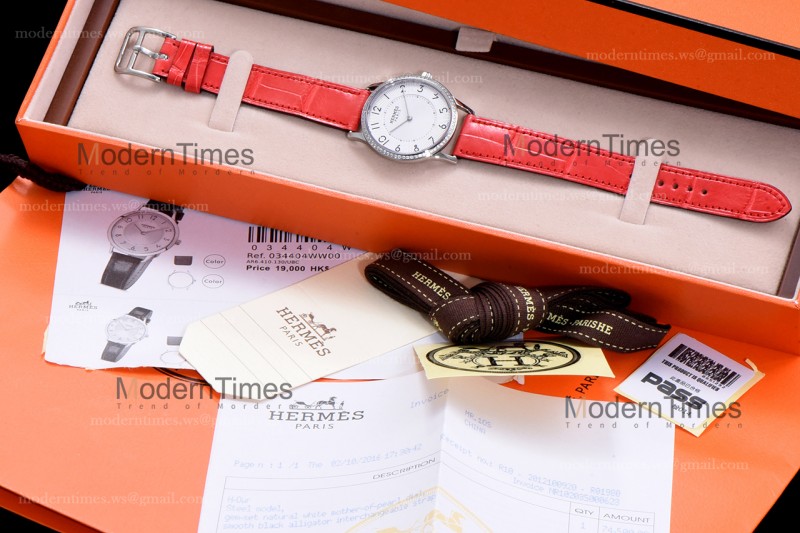 Hermes Slim D Series SS/LE BVF Wht/Red Diams Quartz 