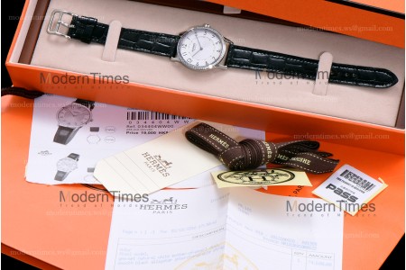 Hermes Slim D Series SS/LE BVF Wht/Blk Diams Quartz 