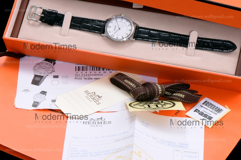 Hermes Slim D Series SS/LE BVF Wht/Blk Diams Quartz 