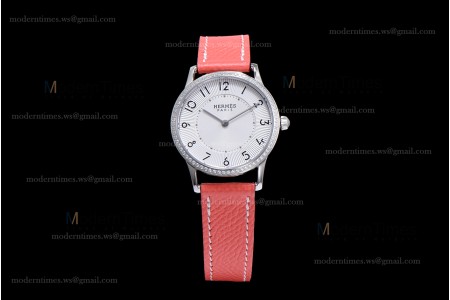 Hermes Slim D Series SS/LE BVF Wht/Red Diams Quartz 