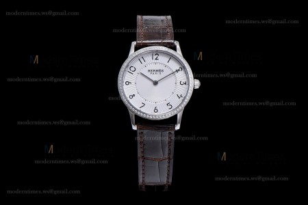 Hermes Slim D Series SS/LE BVF Wht/Bro Diams Quartz 