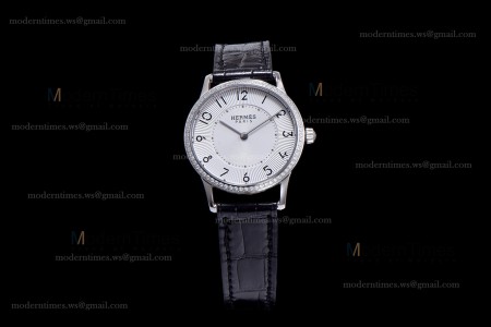 Hermes Slim D Series SS/LE BVF Wht/Blk Diams Quartz 