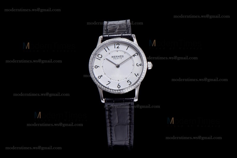 Hermes Slim D Series SS/LE BVF Wht/Blk Diams Quartz 