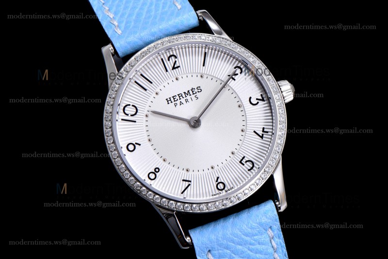 Hermes Slim D Series SS/LE BVF Wht/Blu Diams Quartz 