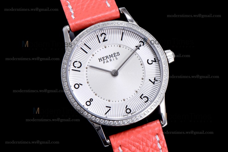 Hermes Slim D Series SS/LE BVF Wht/Red Diams Quartz 