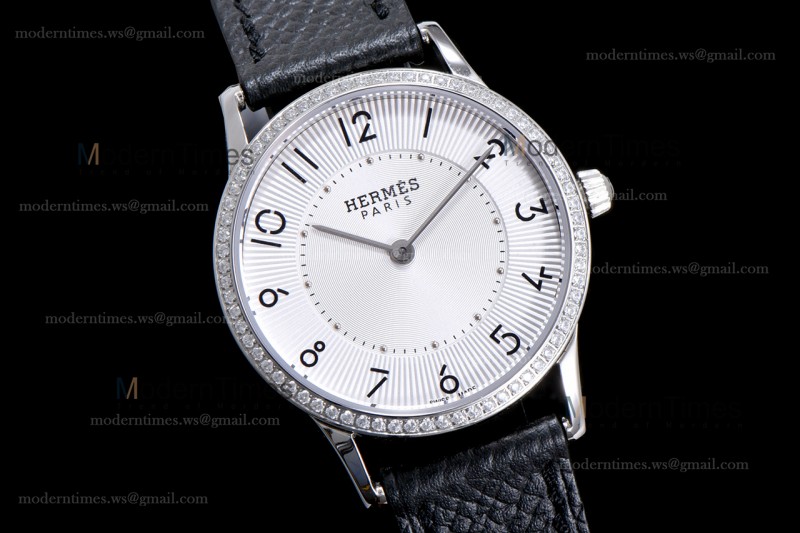 Hermes Slim D Series SS/LE BVF Wht/Blk Diams Quartz 