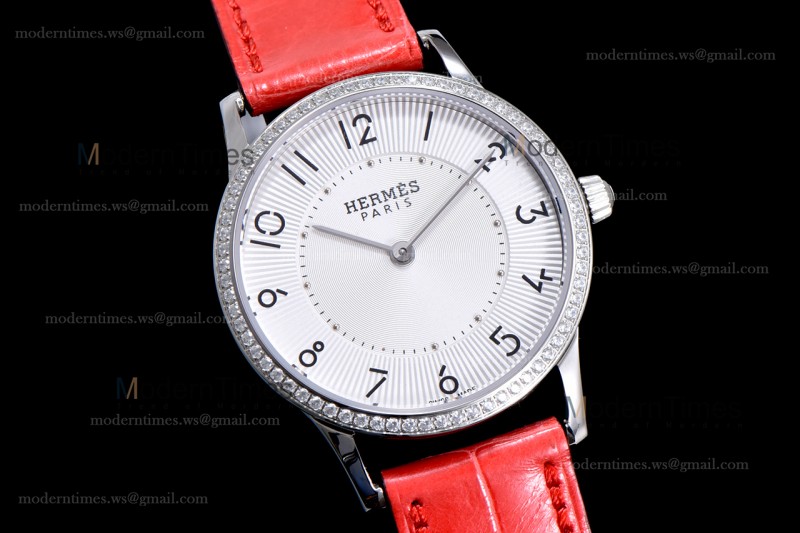 Hermes Slim D Series SS/LE BVF Wht/Red Diams Quartz 