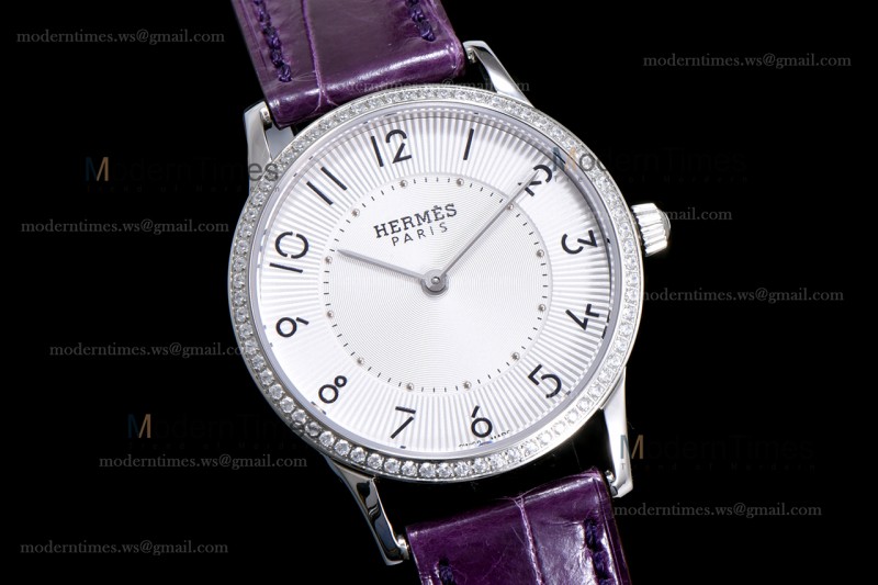 Hermes Slim D Series SS/LE BVF Wht/Per Diams Quartz 