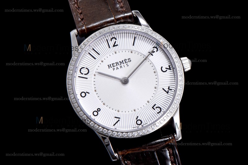 Hermes Slim D Series SS/LE BVF Wht/Bro Diams Quartz 