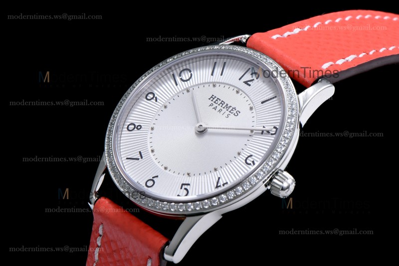 Hermes Slim D Series SS/LE BVF Wht/Red Diams Quartz 