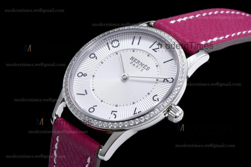 Hermes Slim D Series SS/LE BVF Wht/Red Diams Quartz 