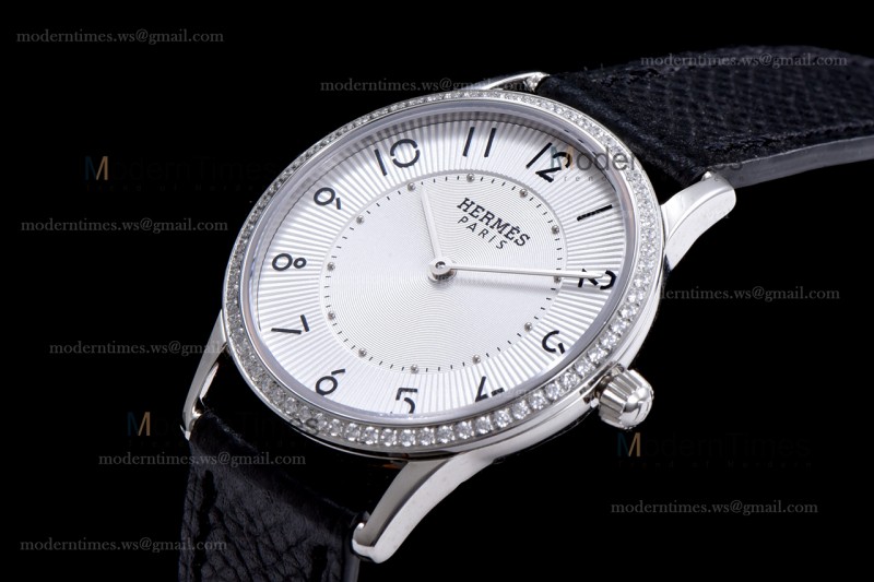 Hermes Slim D Series SS/LE BVF Wht/Blk Diams Quartz 
