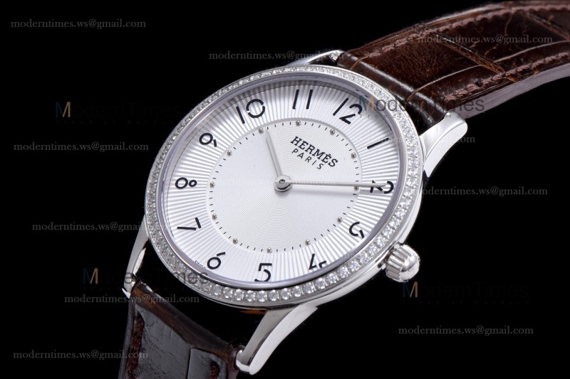 Hermes Slim D Series SS/LE BVF Wht/Bro Diams Quartz 