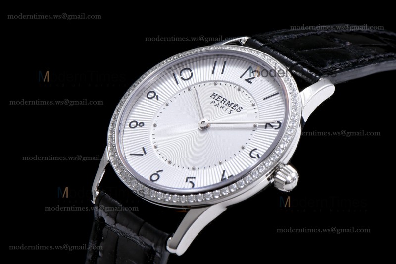 Hermes Slim D Series SS/LE BVF Wht/Blk Diams Quartz 