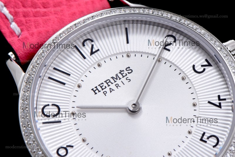 Hermes Slim D Series SS/LE BVF Wht/Pin Diams Quartz 