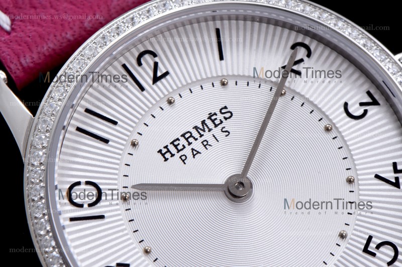 Hermes Slim D Series SS/LE BVF Wht/Red Diams Quartz 