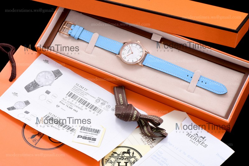 Hermes Slim D Series RG/LE BVF Wht/Blu Diams Quartz 