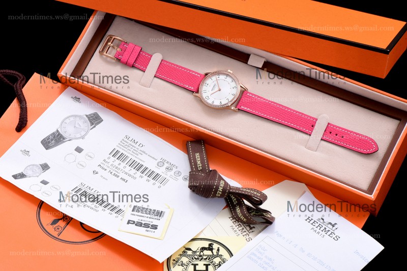Hermes Slim D Series RG/LE BVF Wht/Pin Diams Quartz 