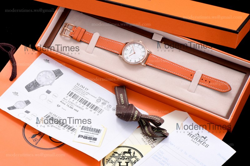 Hermes Slim D Series RG/LE BVF Wht/Bro Diams Quartz 