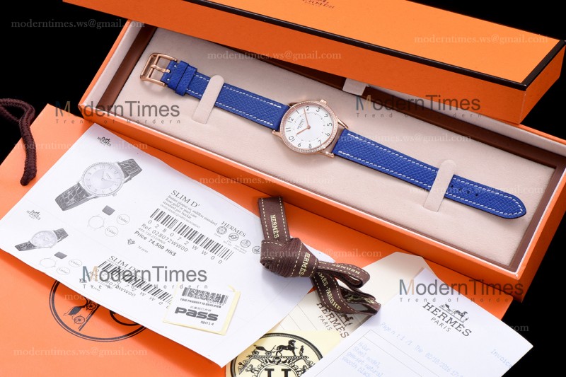 Hermes Slim D Series RG/LE BVF Wht/Blu Diams Quartz 