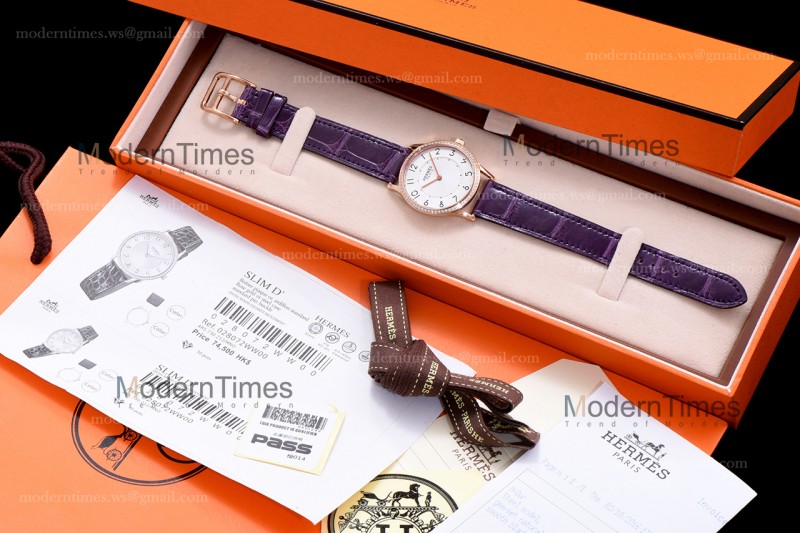 Hermes Slim D Series RG/LE BVF Wht/Per Diams Quartz 