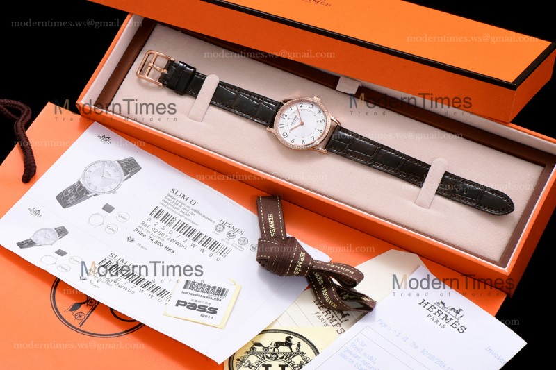 Hermes Slim D Series RG/LE BVF Wht/Bro Diams Quartz 