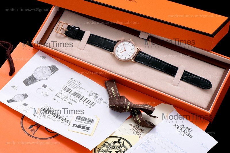 Hermes Slim D Series RG/LE BVF Wht/Blk Diams Quartz 