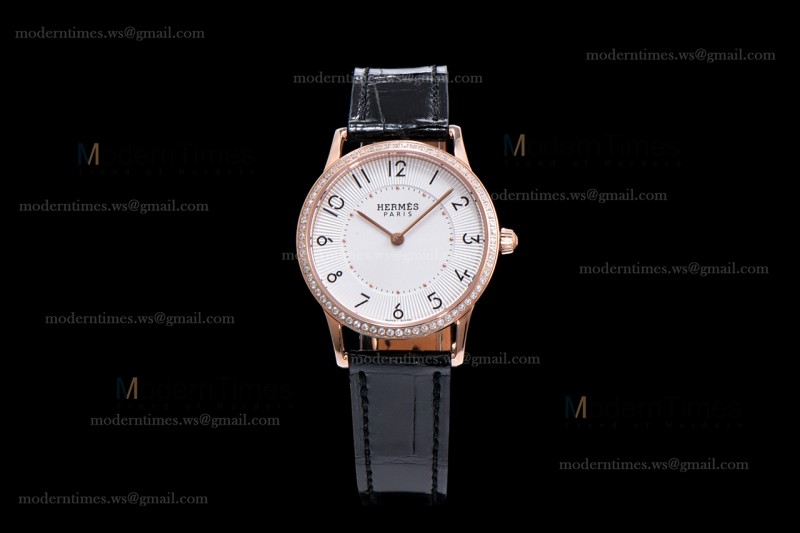 Hermes Slim D Series RG/LE BVF Wht/Blk Diams Quartz 