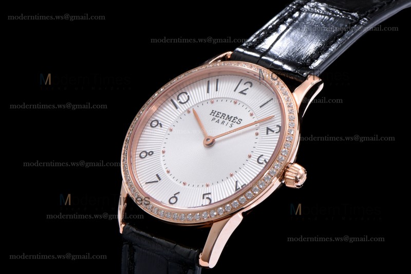 Hermes Slim D Series RG/LE BVF Wht/Blk Diams Quartz 
