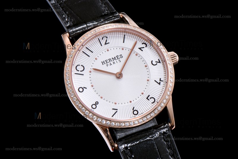 Hermes Slim D Series RG/LE BVF Wht/Blk Diams Quartz 
