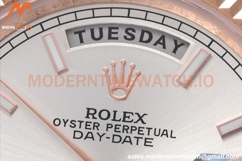 Rolex - DayDate 40mm Flt/Pres RG/RG Silver Stick GDF MY8215