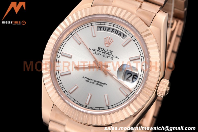 Rolex - DayDate 40mm Flt/Pres RG/RG Silver Stick GDF MY8215