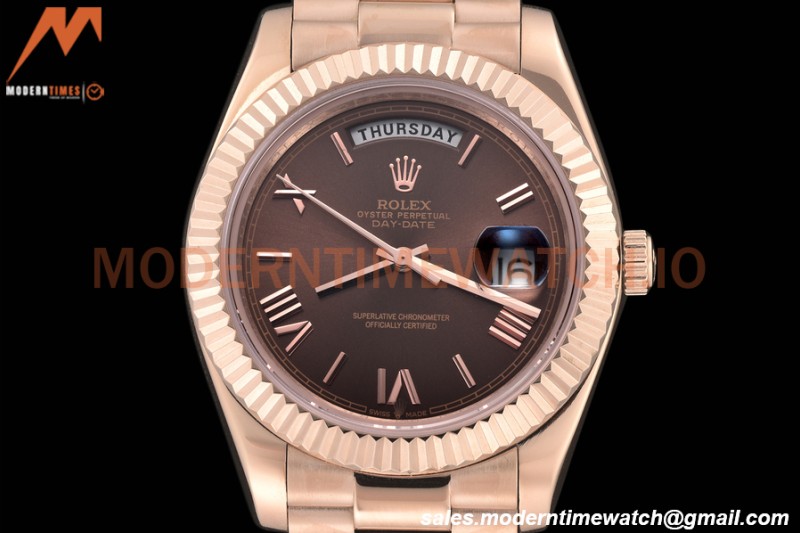 Rolex - DayDate 40mm Flt/Pres RG/RG Brown Roman GDF MY8215