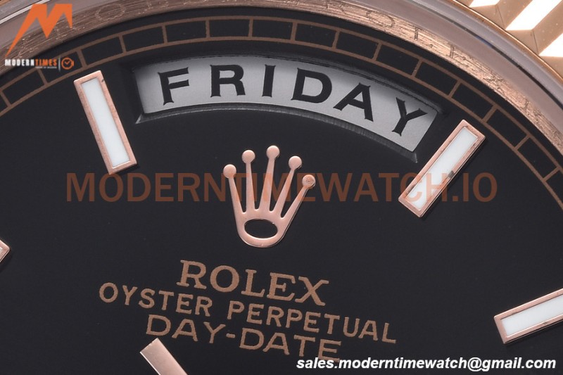 Rolex - DayDate 40mm Flt/Pres RG/RG Black Stick GDF MY8215
