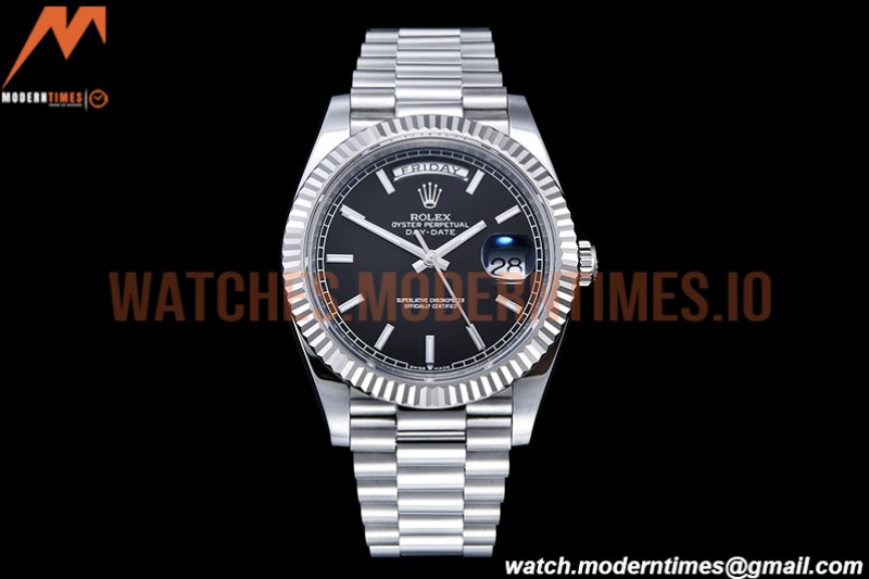 Rolex - DayDate 40mm Flt Pres SS/SS Black/Stk EWF VR3255