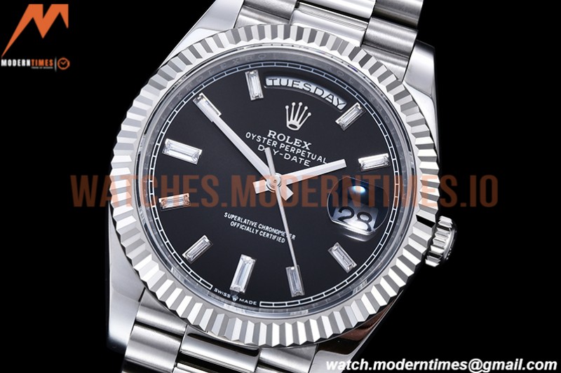 Rolex - DayDate 40mm Flt Pres SS/SS Black/Dia EWF VR3255