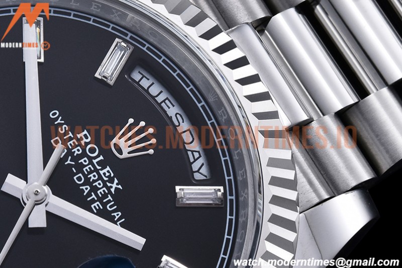 Rolex - DayDate 40mm Flt Pres SS/SS Black/Dia EWF VR3255