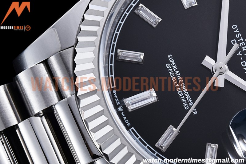 Rolex - DayDate 40mm Flt Pres SS/SS Black/Dia EWF VR3255