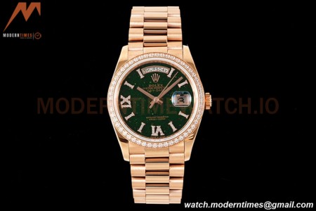 Rolex - DayDate 36mm 128345 Flt Pres RG/RG Diam/Rmn Green Dial RAF A2836