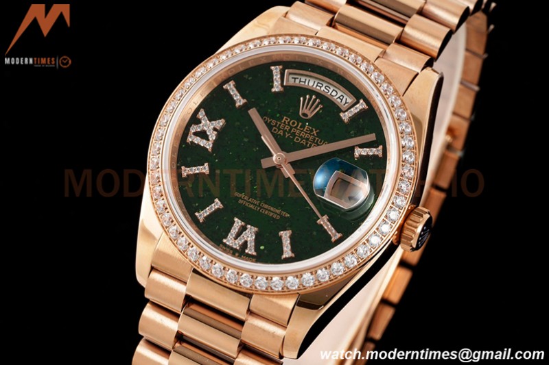 Rolex - DayDate 36mm 128345 Flt Pres RG/RG Diam/Rmn Green Dial RAF A2836
