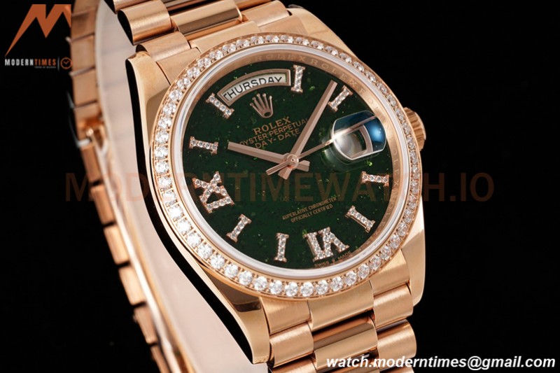 Rolex - DayDate 36mm 128345 Flt Pres RG/RG Diam/Rmn Green Dial RAF A2836