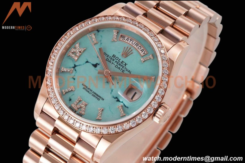 Rolex - DayDate 36mm 128345 Dia Pres RG/RG Turq/Rmn TWSF A2836