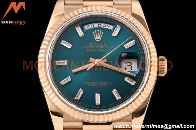 Rolex - DayDate 36mm 128235 Flt Pres RG/RG B-Grn/Dia V5 QF VR3255